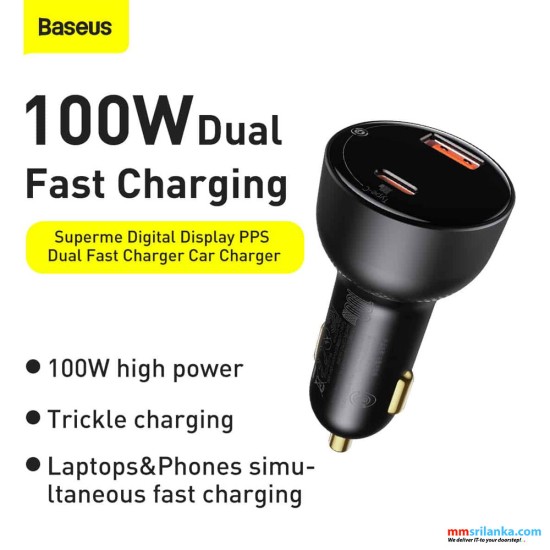 Baseus Superme Digital Display 100w  PPS Dual Quick Car Charger Black（with Baseus Xiaobai series fast charging Cable Type-C to Type-C 100W(20V/5A) 1m Black